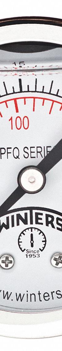 WINTERS Panel-Mount Pressure Gauge: Front Flange, 0 psi to 30 psi, 2 in Dial, 1/4 in NPT Male, PFQ (MPN PFQ2487-DRY-2FF). Key specifications — Accuracy: ±2.5%; Brand: WINTERS; Vibration Resistance Properties: Field-Fillable; Gauge Wetted Parts: Brass / Bronze.