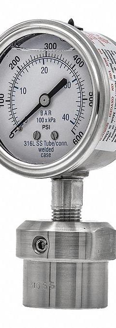 PIC GAUGES Pressure Gauge with Diaphragm Seal: 0 psi to 600 psi, 301L/0JJJ, 2 1/2 in Dial, Glycerin (MPN 301L254K/0JJJ200). Key specifications — Brand: PIC GAUGES; Gauge Case Liquid: Glycerin; Seal Fill Liquid: Glycerin; Seal Lower Housing Material: 316 Stainless Steel; Accuracy: ±2-1-2%; Gauge Wetted Parts: Stainless Steel.