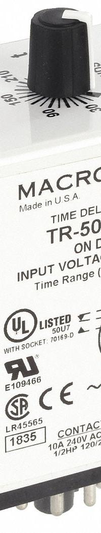 MACROMATIC Single Function Time Delay Relay: Socket Mounted, 24V AC/DC, 10 A, 8 Pins/Terminals (MPN TR-50228-12). Key specifications — Brand: MACROMATIC.