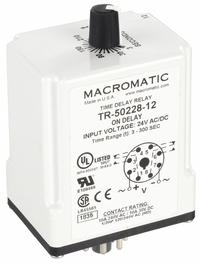 MACROMATIC Single Function Time Delay Relay: Socket Mounted, 24V AC/DC, 10 A, 8 Pins/Terminals (MPN TR-50228-12). Key specifications — Brand: MACROMATIC.