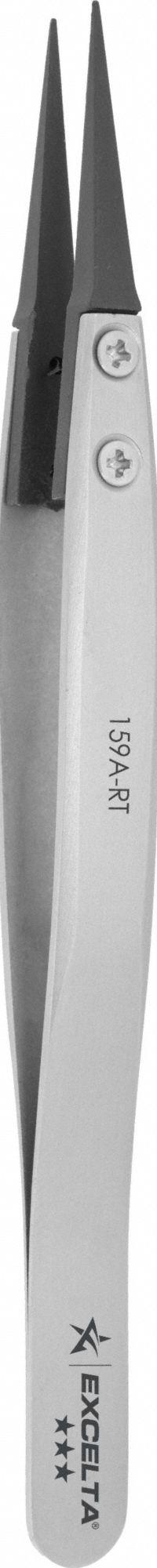 EXCELTA Tweezer Replacement Tips: Carbon Fiber, Point, Straight Tip, 0.015 in Tip Thick (MPN 159A-RT). Key specifications — attr1002355: Carbon Fiber; attr1002345: EXCELTA; attr1002358: Smooth; attr1002361: 159A-RT.