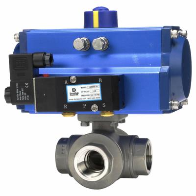 DYNAQUIP CONTROLS Pneumatically Actuated Three-Way Ball Valve: 1/2 in, Stainless Steel - L-Port Stainless Steel Pneumatically-Actuated Ball Valves