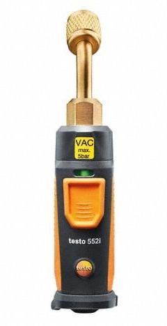 TESTO Vacuum Gauge: 0 micron Hg to 20,000 micron Hg, 7/16 in Female UNF Right-Hand, AAA (MPN 0564 2552 01). Key specifications — Brand: TESTO; Indication Method: Audio/Visual; Connectivity: Bluetooth; Series: 552i; For Operating System: Android™.