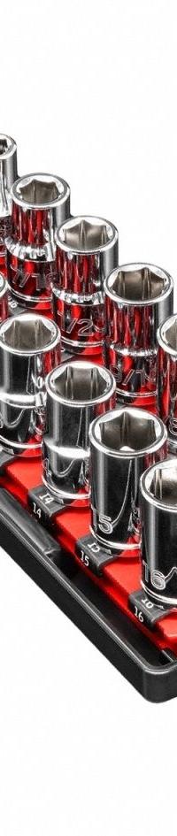 ERNST MANUFACTURING Socket Organizer: Red, 3 5/8 in Overall Wd, 14 Posts/Slots, Sockets (MPN 8554). Key specifications — attr1125333: (14) Socket Clips; attr1125346: ERNST MANUFACTURING; attr1125347: Red; attr1136588: Sockets; attr1125364: Socket Bit Tray.