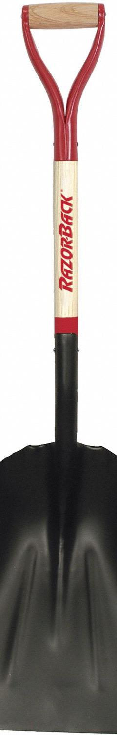 RAZOR-BACK Scoop Shovel: 2 Ribs, Steel, #12 Blade Size, 14 1/4 in Blade Wd, 14 1/2 in Blade Lg (MPN 53121). Key specifications — attr979006: Steel; attr979013: Hardwood; attr979016: Scoop Shovel; attr987921: #12; attr979009: RAZOR-BACK; attr979010: Natural.