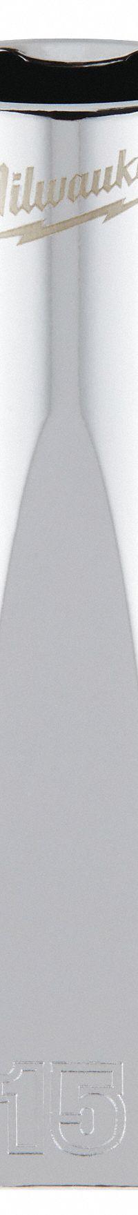 MILWAUKEE Deep Well Socket: Metric, 3/8 in Drive Size, 15 mm Socket Size, 6-Point, Deep, Chrome (MPN 45-34-0015). Key specifications — attr1204417: MILWAUKEE; attr1204392: Chrome.