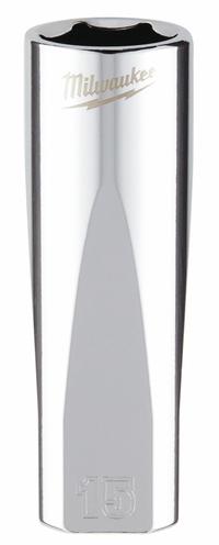 MILWAUKEE Deep Well Socket: Metric, 3/8 in Drive Size, 15 mm Socket Size, 6-Point, Deep, Chrome (MPN 45-34-0015). Key specifications — attr1204417: MILWAUKEE; attr1204392: Chrome.