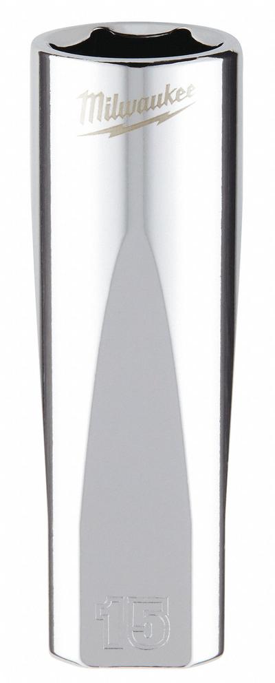 MILWAUKEE Deep Well Socket: Metric, 3/8 in Drive Size, 15 mm Socket Size, 6-Point - Anti-Roll Hand Sockets