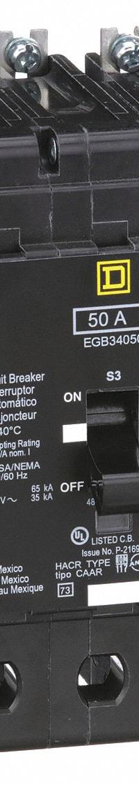 SQUARE D Miniature Circuit Breaker: 50 A, 277/480V AC, Three Phase, 35kA at 277/488V AC, 3 Poles (MPN EGB34050). Key specifications — Phase: Three; Amps: 50 A; AC Voltage Rating: 277/480V AC; Max. AIR Rating: 35kA at 277/488V AC; For Use With: Square D NF Panelboards; Brand: SQUARE D.