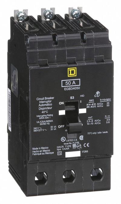 SQUARE D Miniature Circuit Breaker: 50 A, 277/480V AC, Three Phase, 35kA at 277/488V AC - EDB & EGB Series, Bolt-On Square D Miniature Circuit Breakers