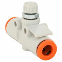 SMC Speed Control Valve: In-Line Fitting, Hex Screw, 1/8 in Valve Body Size, 1/4 in Tube, Meter In (MPN AS2002F-07). Key specifications — attr947203: Brass/PBT; attr947205: SMC.