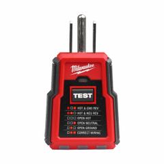 MILWAUKEE TOOL & EQUIPMENT GFCI Receptacle Tester: 110 V AC to 125 V AC, 5-15P, GFCI/Std, Light (MPN 2223-20). Key specifications — Load Current: 6 to 9 mA; Brand: MILWAUKEE TOOL & EQUIPMENT; CAT Safety Rating: CAT II 300V.