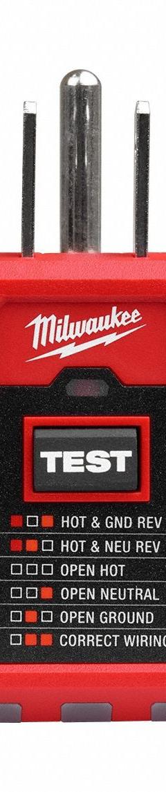 MILWAUKEE TOOL & EQUIPMENT GFCI Receptacle Tester: 110 V AC to 125 V AC, 5-15P, GFCI/Std, Light (MPN 2223-20). Key specifications — Load Current: 6 to 9 mA; Brand: MILWAUKEE TOOL & EQUIPMENT; CAT Safety Rating: CAT II 300V.