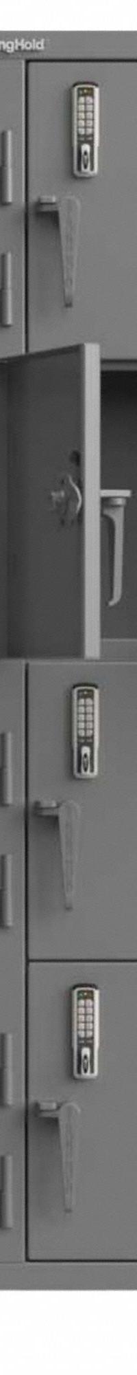 STRONG HOLD Locker: 36 in x 18 in x 75 in, 4 Tiers, 2 Units Wide, 8 Lockers, 18 in x 18 in, Steel (MPN 36-8D-18-4T-EK-L). Key specifications — Mounting Style: Surface; Brand: STRONG HOLD; Handle Type: Swing; Locker Color: Gray; Mounting Location: Freestanding; Locker Material: Steel; Frame Assembled: Assembled; Lock Type: Electronic Keypad.