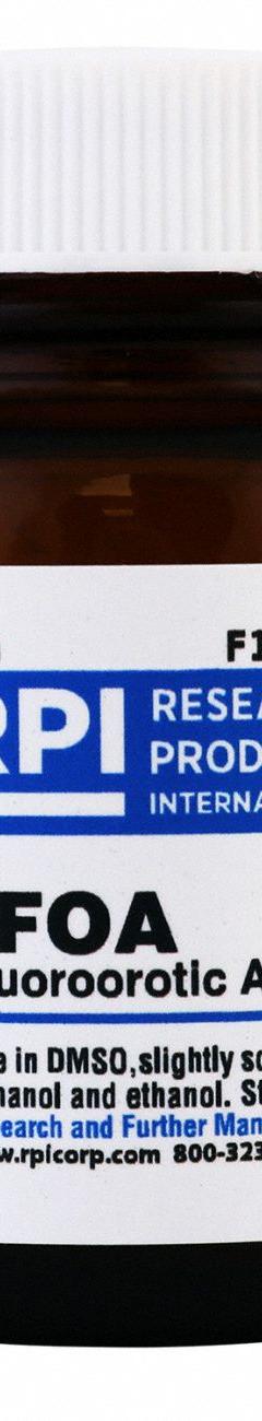 RPI 5-Fluoroorotic Acid (5-FOA): 10 g Volume, BSE/TSE Free, Powder, Glass (MPN F10501-10.0). Key specifications — Form: Powder; Special Information: BSE/TSE Free; Brand: RPI; Chemical Grade: Lab; Container Material: Glass.