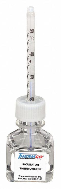 THERMCO Bottle Thermometer: 18°C to 50°C, +/-1.5°C, 30 mL Bottle Volume, Glycol (MPN ACCI0301BLST). Key specifications — Bottle Fill Medium: Glycol; Temperature Units: Celsius; Accuracy: +/-1.5°C; Brand: THERMCO.