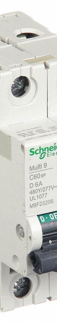 SCHNEIDER IEC Supplementary Protector: 6 A Amps, 14kA at 240V AC, Screw Clamp, C60SP, D (MPN M9F23206). Key specifications — attr195785: Screw Clamp; attr195787: 240/415/440V AC; attr195786: D; attr195783: Not Rated; attr195784: 14kA at 240V AC; attr215906: C60SP; attr211128: SCHNEIDER.