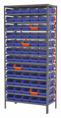 AKRO-MILS Bin Shelving: 36 in x 18 in x 79 in, 1 Usable Sides, 13 Shelves, 60 Bins, Indicator Bin (MPN AS187936468B). Key specifications — Bin HxWxD: (60) 4 in x 6-5/8 in x 17-7/8 in; Frame Material: Steel; Frame Color: Gray; Bin Color: Blue; Orange; Brand: AKRO-MILS.