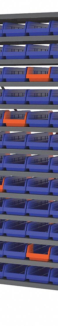 AKRO-MILS Bin Shelving: 36 in x 18 in x 79 in, 1 Usable Sides, 13 Shelves, 60 Bins, Indicator Bin (MPN AS187936468B). Key specifications — Bin HxWxD: (60) 4 in x 6-5/8 in x 17-7/8 in; Frame Material: Steel; Frame Color: Gray; Bin Color: Blue; Orange; Brand: AKRO-MILS.