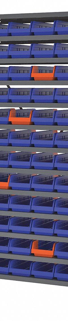 AKRO-MILS Bin Shelving: 36 in x 18 in x 79 in, 1 Usable Sides, 13 Shelves, 60 Bins, Indicator Bin (MPN AS187936468B). Key specifications — Bin HxWxD: (60) 4 in x 6-5/8 in x 17-7/8 in; Frame Material: Steel; Frame Color: Gray; Bin Color: Blue; Orange; Brand: AKRO-MILS.