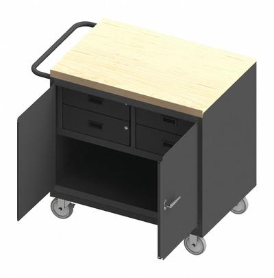 DURHAM MFG Mobile Cabinet Workbench: 36 in x 24 in, Butcher Block - Mobile Cabinet Benches with Drawers