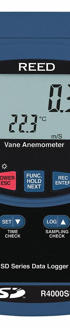 REED INSTRUMENTS Anemometer: 1 fpm Air Velocity Resolution, Rotating Vane, Air Velocity/Temp, LCD (MPN R4000SD). Key specifications — Vane Material: Plastic; Data Logging: Yes; Manufacturer Part Number: R4000SD; Brand: REED INSTRUMENTS; Temperature Accuracy: +/ 1.5°; Digital Display Screen Type: LCD; Display Type: Digital; Includes: Vane Probe.