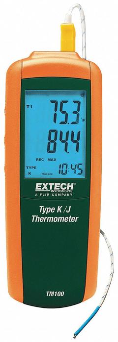 EXTECH Thermocouple Thermometer: For Type J/Type K Thermocouple Type, -346°F to 2,501°F (MPN TM100-NIST). Key specifications — Testing Functions: Min/Max Temperature; Accuracy: ±0.15 % + 1 °C; Brand: EXTECH.
