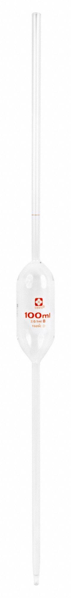 SIBATA Volumetric Pipette: 100 mL Capacity, Non-Sterile, Not Individually Wrapped, Glass (MPN 2040-100-3MM). Key specifications — attr1080643: Non-Sterile; attr1073884: SIBATA; attr1080635: Not Individually Wrapped; attr1080640: Volumetric; attr1080636: Glass; attr1080641: Volumetric Pipette.