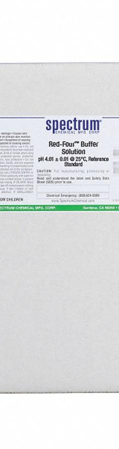 SPECTRUM Buffer - Red-Four: Lab, 20 L Volume, Liquid, pH 4.01 +/- 0.01 @ 25°C, Plastic, Drum, 1 (MPN B1163-20LT). Key specifications — Brand: SPECTRUM; CAS Number: 915-67-3; Chemical Family Type: Buffer; Chemical Grade: Lab; Concentration: pH 4.01 +/- 0.01 @ 25°C; Container Material: Plastic; Container Type: Drum; Form: Liquid.