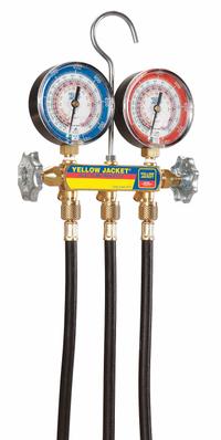 YELLOW JACKET Manifold Gauge: 2 Valves, 3 Hoses, Series PLUS II, 3 1/8 in Gauge (MPN 42044). Key specifications — Product Type: Manifold Gauge Set; For Refrigerant Type: R-22; Brand: YELLOW JACKET; Gauge Boots: No; Sight Glass: No.
