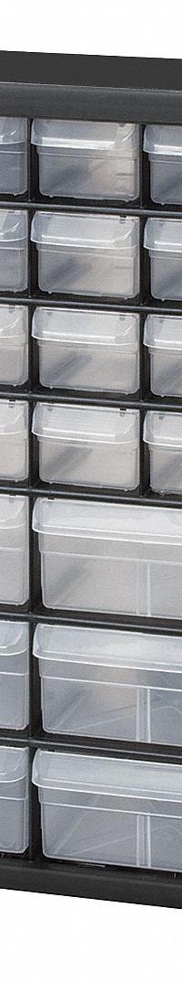 AKRO-MILS Drawer Bin Cabinet: 20 in x 6 1/2 in x 15 3/4 in, 44 Drawers, Stackable, Polystyrene (MPN 10144). Key specifications — attr66719: Polystyrene; attr66728: Yes; attr66722: Clear; attr66720: Drawer; attr66726: (12) 2 in x 6 in x 4-1/2 in; attr66716: Black; attr66753: Plastic; attr66710: AKRO-MILS.