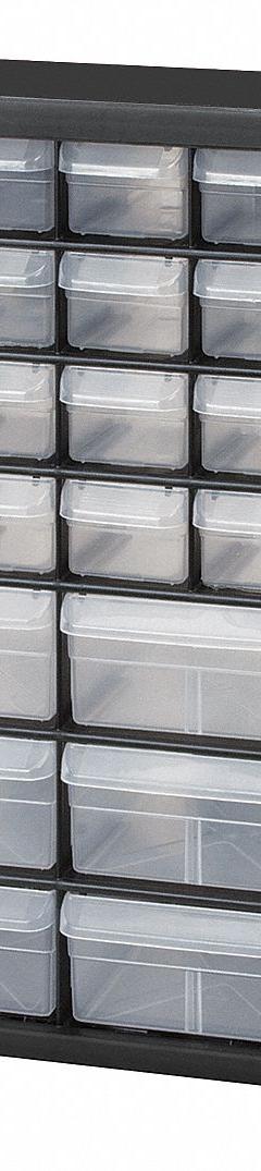 AKRO-MILS Drawer Bin Cabinet: 20 in x 6 1/2 in x 15 3/4 in, 44 Drawers, Stackable, Polystyrene (MPN 10144). Key specifications — attr66719: Polystyrene; attr66728: Yes; attr66722: Clear; attr66720: Drawer; attr66726: (12) 2 in x 6 in x 4-1/2 in; attr66716: Black; attr66753: Plastic; attr66710: AKRO-MILS.