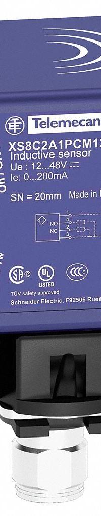 TELEMECANIQUE SENSORS Inductive Rectangular Proximity Sensor: Built-in Connector, Unshielded, NPN (MPN XS8C2A4NCM12). Key specifications — Brand: TELEMECANIQUE SENSORS; AC Supply Voltage Rating: Not Rated; DC Supply Voltage Rating: 12-48V DC.