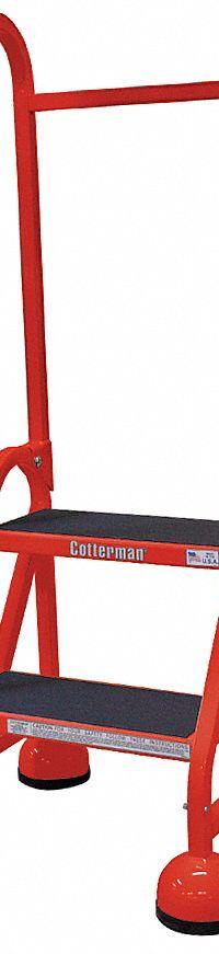 COTTERMAN Rolling Ladder: 1.5 ft Platform Ht, Partially Assembled, Steel, Wt-Actuated Auto-Lock (MPN ST-202 A2 C6 P5). Key specifications — Includes Handrails: Handrails Included; Material: Steel; Brand: COTTERMAN; Color: Red.