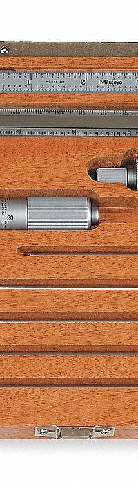 MITUTOYO Precision Measuring Tool Kit: 5 Pieces, Dial Caliper, Mechanical Outside Micrometer (MPN 64PKA070C). Key specifications — attr1182219: MITUTOYO; attr1182229: Dial Caliper; attr1182230: 0 mm to 150 mm; attr1182232: 0 in to 1 in; attr1182234: No; attr1182252: 1 in; attr1182254: 0 in; attr1182258: (1) Depth Micrometer.