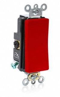 LEVITON Wall Switch: Rocker Switch, 3-Way, Maintained, Red, 120/277V AC, 20 A (MPN A5623-2R). Key specifications — Illuminated: No; Voltage Rating: 120/277V AC.