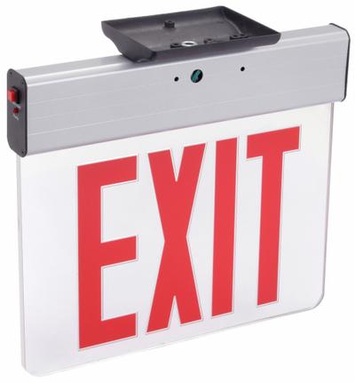 LITHONIA LIGHTING Edge-lit Exit Sign: 2 Faces, Red, Aluminum, Universal Field Selectable Chevrons - Universal-Mount Edge-Lit Exit Signs