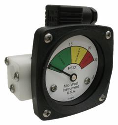 MIDWEST INSTRUMENT 3-Color Differential Pressure Indicator: 1,000 psig Max. Static Pressure, 522 (MPN 522P-030-LE). Key specifications — Brand: MIDWEST INSTRUMENT; Accuracy: ±5% of Full Scale; Sensor Material: Buna-N; Housing Material: Acetal Plastic; Transition Points: 0 psid to 13 psid (Green) / 13 psid to 20 psid (Yellow) / 20 psid to 30 psid (Red).