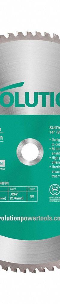 EVOLUTION Circular Saw Blade: 14 in Blade Dia., 80 Teeth, 0.09 in Cut Wd, 1 in Arbor Size, Carbide (MPN 14BLADEAL). Key specifications — attr1116119: EVOLUTION; attr1145631: Non-Ferrous Metals.