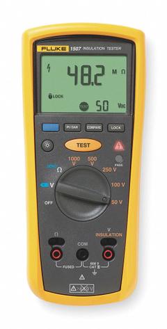 FLUKE Megohmmeter: 0.01 megaohm to 10 gigohm, CAT IV 600V, IP40, Digital, No Output, > 200 mA (MPN FLUKE-1507). Key specifications — IP Rating: IP40; Test Voltage: 50V DC; Brand: FLUKE.