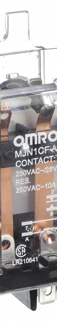 OMRON Flange Mount Relay: Surface (Side Flange) Mounted, 10 A Current Rating, 120V AC, SPDT (MPN MJN1CF-AC120). Key specifications — Brand: OMRON; Base Type: Square; Mounting Style: Side Flange; Electrical Connection: Quick-Connect Terminal; Manufacturer Part Number: MJN1CF-AC120; Operating Current: 10 A at 240V AC (Inductive Load); Series: MJN Series.