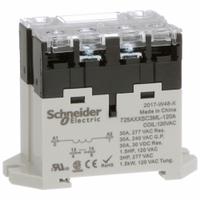 SCHNEIDER Enclosed Power Relay: DIN-Rail & Surface Mounted, 30 A Current Rating, 120V AC, SPST-NO (MPN 725AXXSC3ML-120A). Key specifications — attr211321: SCHNEIDER; attr864602: DIN Rail & Top Flange; attr864634: Screw Terminal; attr864642: 725AXXSC3ML-120A; attr869492: 30 A at 240V AC (Resistive Load); attr934629: Harmony™ 725 Power Series.