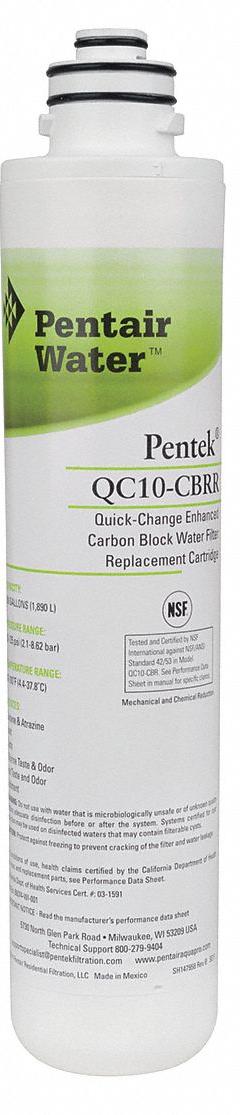 PENTAIR/PENTEK Quick-Connect Water Filter: 0.5 micron Micron Rating, 500 gal Service Life - Gallons (MPN 155785-75). Key specifications — Filter Media: Carbon; Reduces: Chlorine Odor.