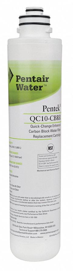 PENTAIR/PENTEK Quick-Connect Water Filter: 0.5 micron Micron Rating, 500 gal Service Life - Gallons (MPN 155785-75). Key specifications — Filter Media: Carbon; Reduces: Chlorine Odor.