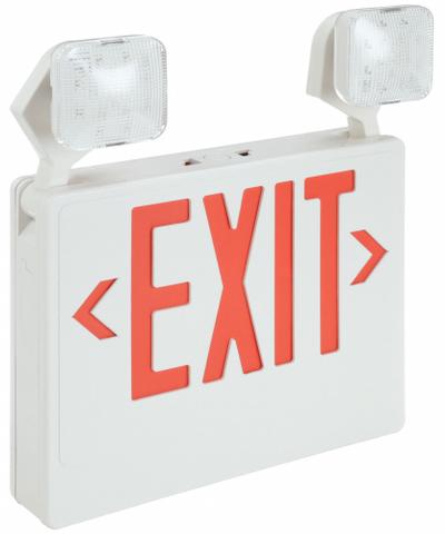 APPROVED VENDOR Exit Sign with Emergency Lights: White, 1 or 2 Faces, Red, LED, Ceiling/Wall - Plastic Exit Signs with Square Side-Mount Light Heads