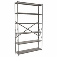HALLOWELL Metal Shelving: Standalone, Heavy-Duty, 48 in x 12 in, 84 in Overall Ht, 6 Shelves (MPN F7711-12HG). Key specifications — attr41760: Steel; attr41761: Steel; attr37625: Unassembled; attr37628: Gray; attr33609: HALLOWELL.