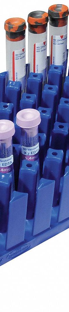 Tube Rack: 5 in Overall Wd, 9 1/2 in Overall Ht, 9 1/2 in Overall Lg, Polypropylene, Blue (MPN SR-B). Key specifications — Material: Polypropylene; Color: Blue; Product Type: Test Tube Rack; Total Holding Capacity: (72) Tubes; Brand: SMOOTHRACK.