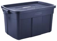 RUBBERMAID Storage Tote: 31 gal, 32 1/4 in x 20 3/8 in x 16 3/4 in, Dark Blue/Metallic Body, Blue (MPN RMRT310000). Key specifications — Material: Plastic; Edge/Corner Design: Rounded; Body Color: Dark Blue/Metallic; Lid Color: Dark Blue/Metallic; Brand: RUBBERMAID; NSF Certified: Not NSF Certified; Nestable: Nesting Capable.
