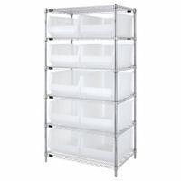 QUANTUM STORAGE SYSTEMS Shelving Unit: 24 in x 48 in x 74 in, 1 Sided, 10 Bins, Shelf Bin, Clear (MPN WR6-957CL). Key specifications — Includes Bins: Yes; Frame Color: Chrome; Bin HxWxD: 12 x 22-1/2 x 23-7/8 in; Frame Material: Carbon Steel; Bin Color: Clear; Bin Style: Shelf; Brand: QUANTUM STORAGE SYSTEMS.