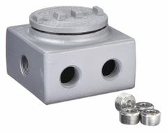 Conduit Outlet Body: Aluminum, Powder Coated, GRSS, 3/4 in Trade Size, 7 Hub Body, Threaded (MPN GRSS75). Key specifications — Series: For Standard Body; Compatible Conduit Trade Size: 3/4 in; Thread Gender: Female; Hub Style: Threaded; Cover Included: Yes; Body Style: 7 Hub; Connection Type: Threaded; Back Type: Flat.